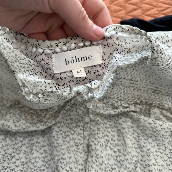 Bohme smocked yoke ruffle 3/4 puff sleeve button down blouse cream black medium - Picture 2 of 3